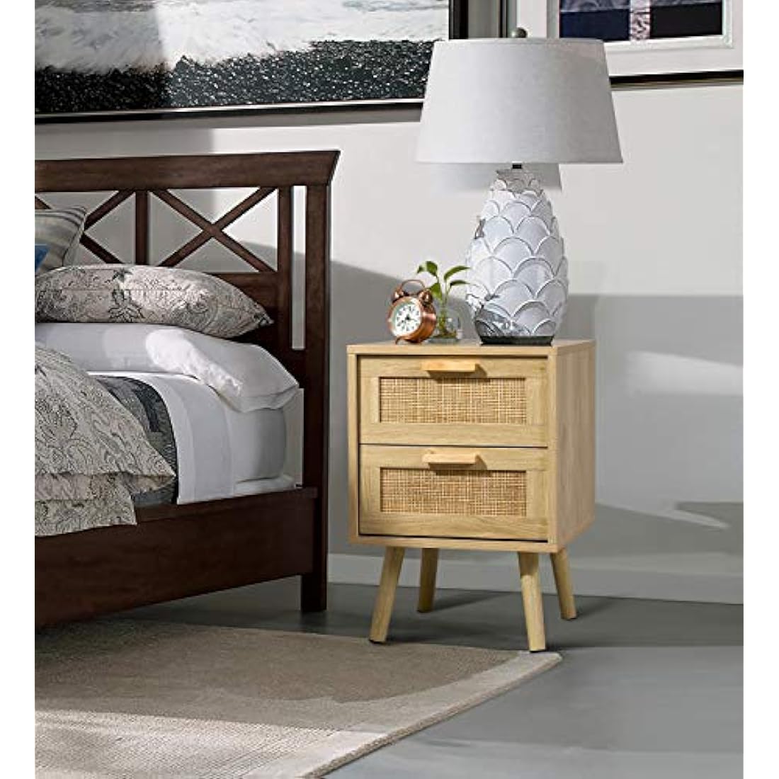 Finnhomy Rattan Bedside Tables Set of 2 | Natural Wood Nightstands