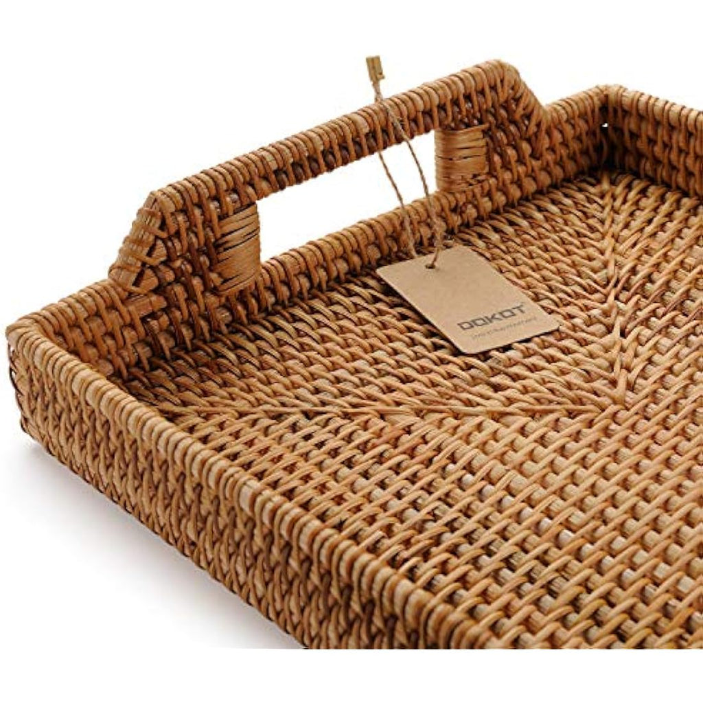 DOKOT Hand-Woven Rattan Serving Tray with Handles - Large 17-Inch