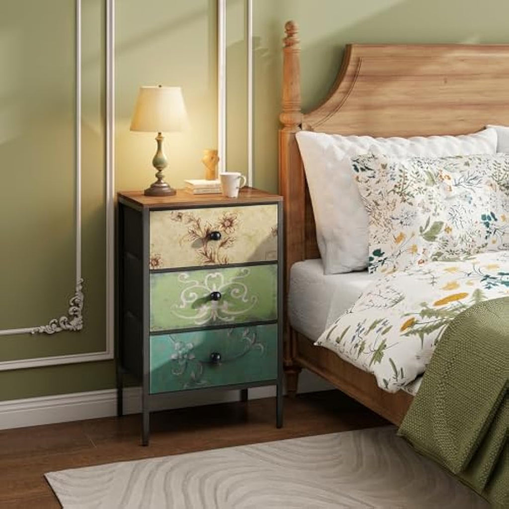 LYNCOHOME Bedside Tables Set of 2 - Vintage 3-Drawer Fabric Nightstand
