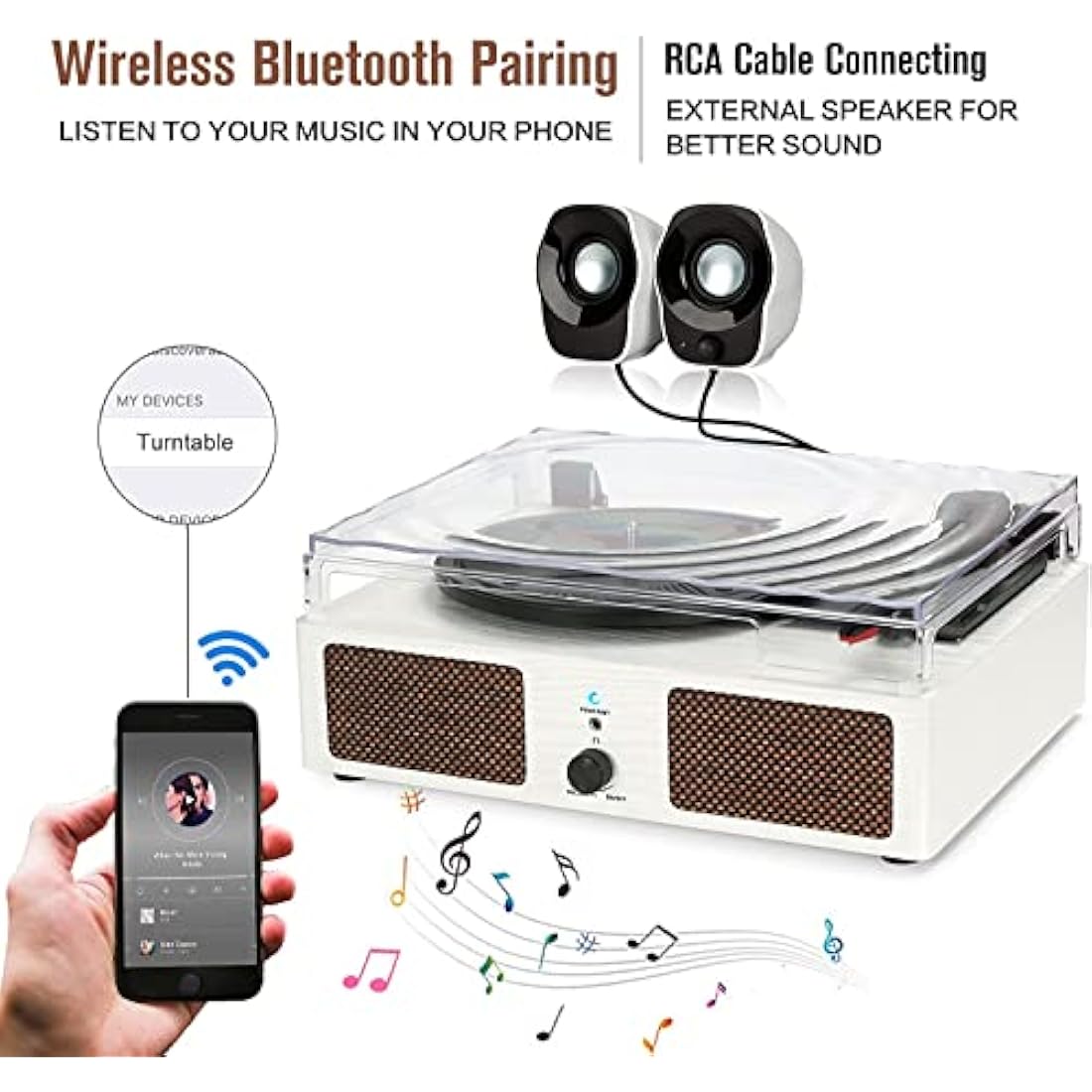 Vintage Vinyl Record Player – Bluetooth Turntable (White)
