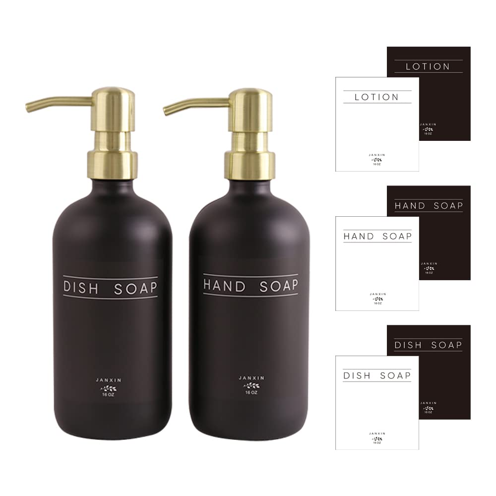 Janxin Glass Soap Dispenser Set of 2 | Black Bottles & Gold Pumps