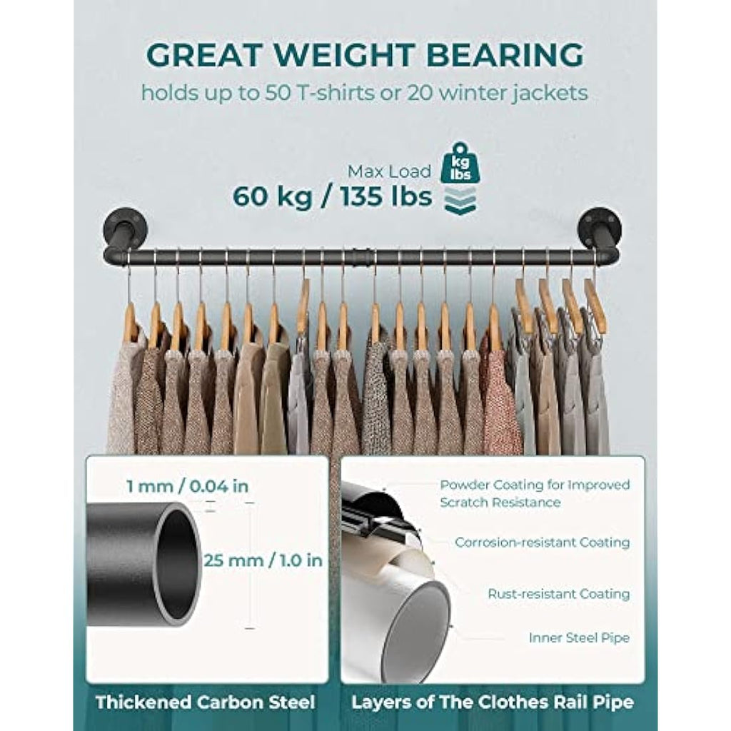 OROPY Industrial Pipe Clothes Bar Rack | Set of 2 Wall Mounted Rails