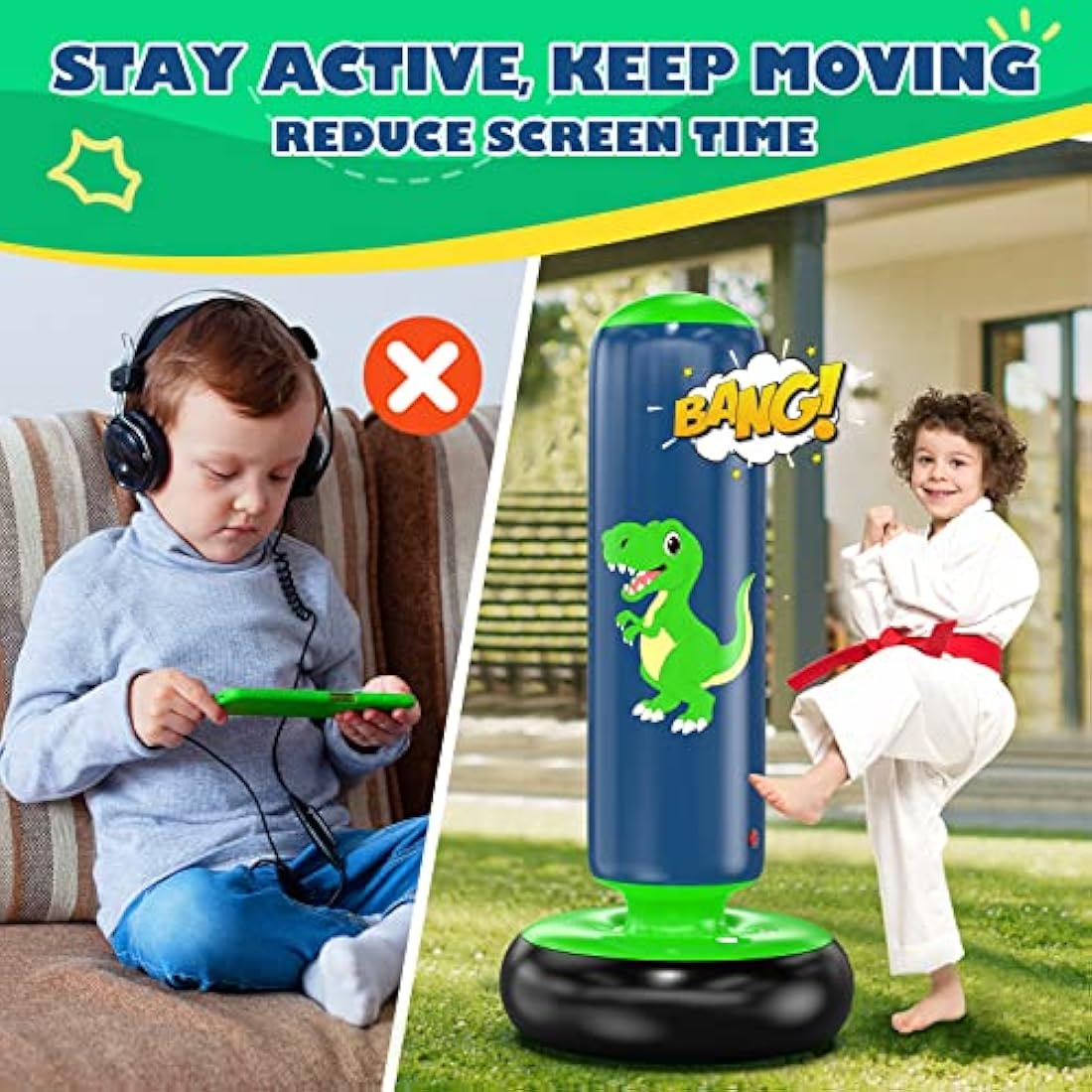 QPAU Kids Inflatable Dinosaur Punching Bag Set with Gloves for Ages 3-8