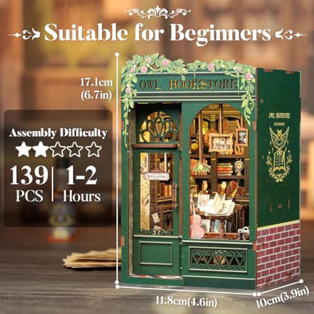 CUTEBEE Owl Bookstore Book Nook Kit - 3D Wooden Miniature DIY Puzzle
