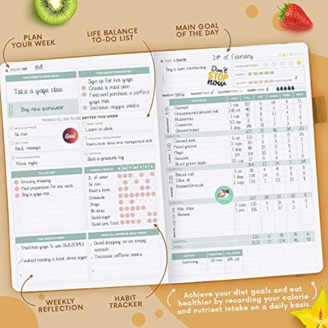 Clever Fox Wellness Journal - Undated Food & Health Planner, A5 Amber Yellow