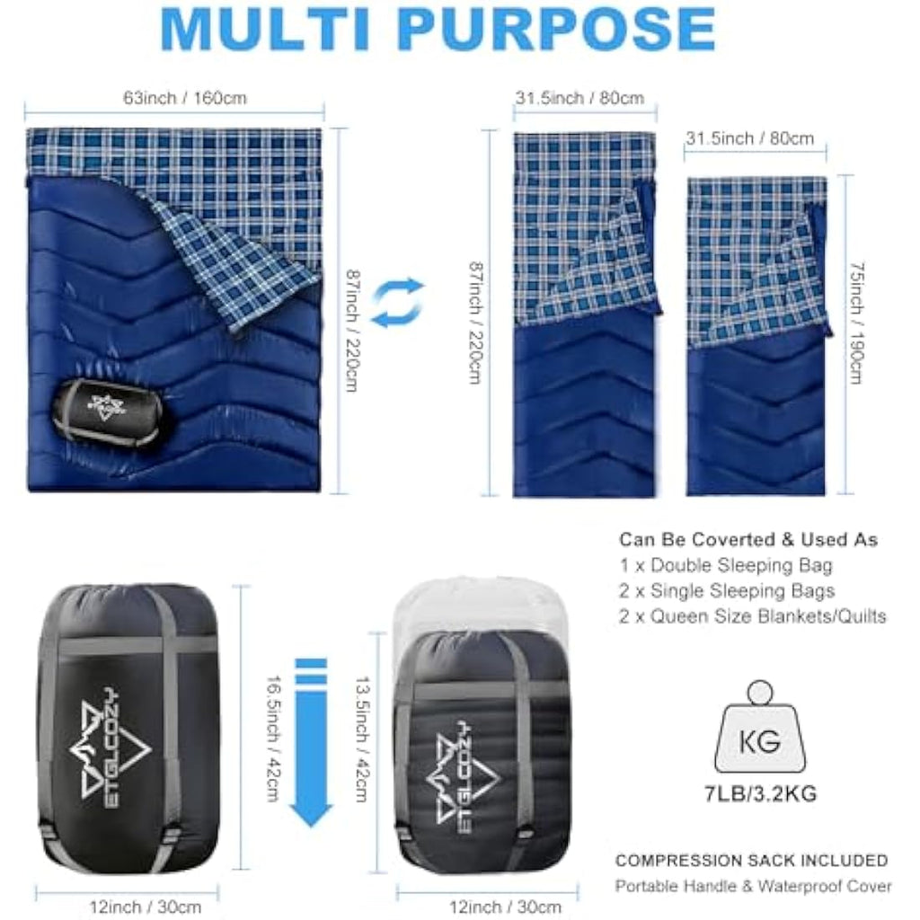 Double Sleeping Bag – XL Queen Cotton Flannel for Camping