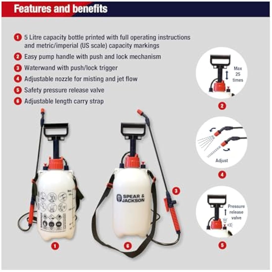 Spear & Jackson 5L Pump Action Pressure Sprayer | Garden Water Wand