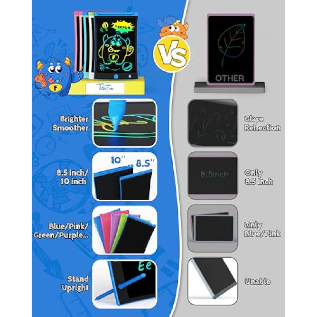 TEKFUN 8.5" LCD Writing Tablet 2-Pack | Colorful Drawing Board for Kids