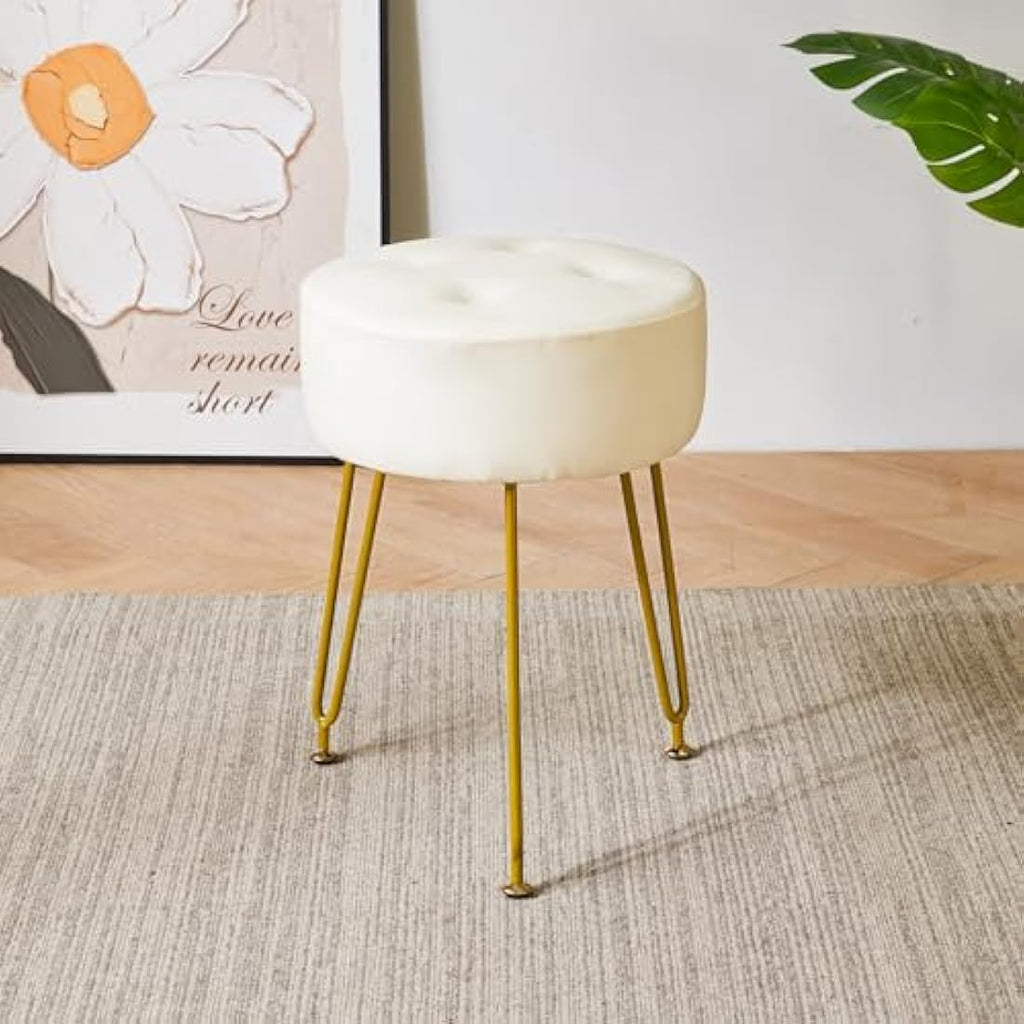 IBUYKE Faux Leather Round Vanity Stool | Footrest with Golden Legs