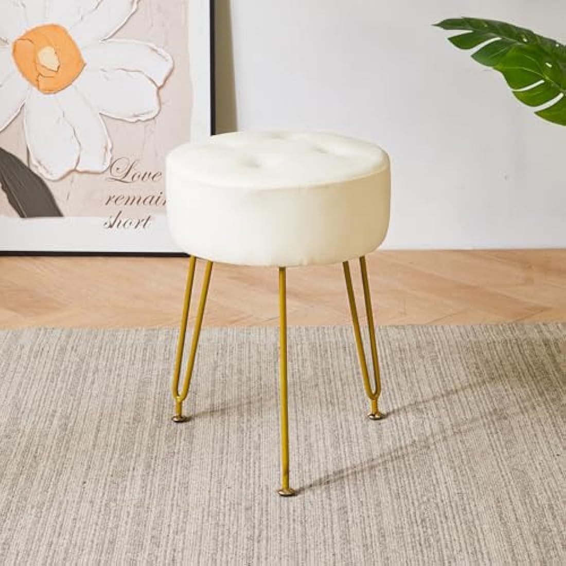 IBUYKE Faux Leather Round Vanity Stool | Footrest with Golden Legs