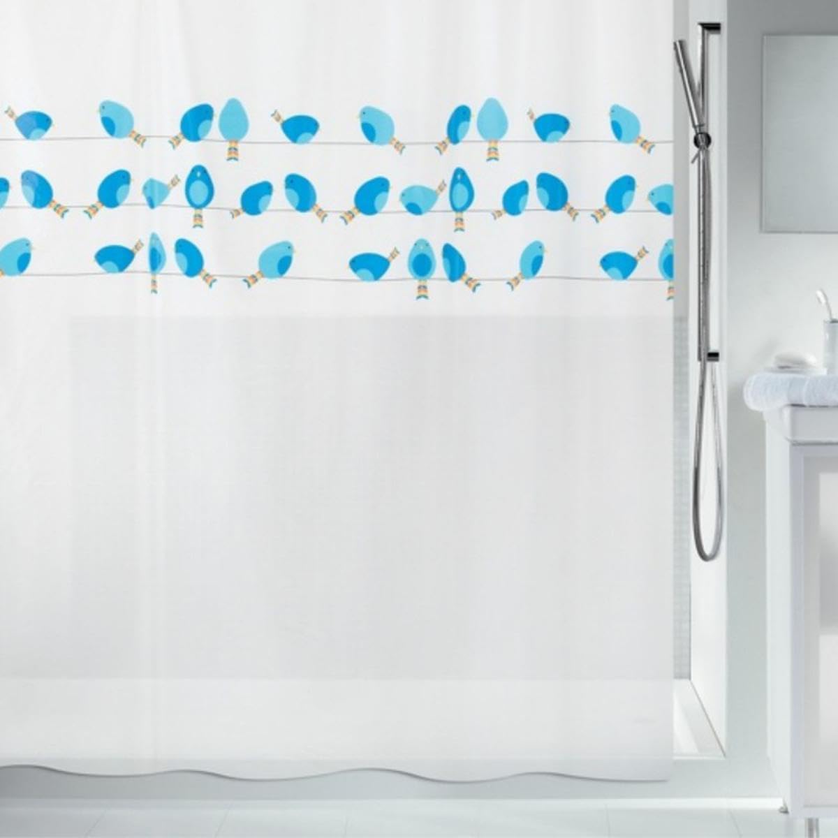 Spirella PEVA Shower Curtain – Waterproof Bird Pattern, Blue, 180x200cm