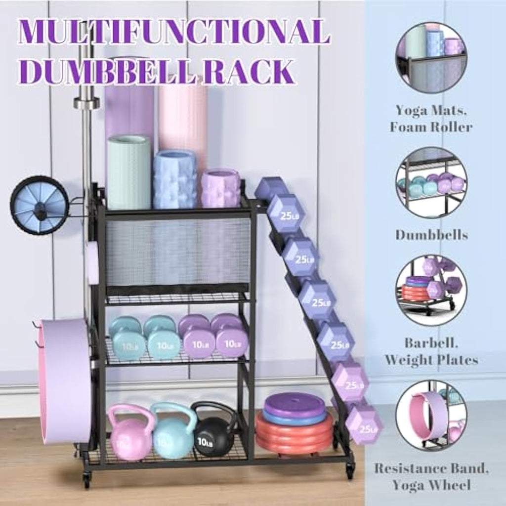 Mythinglogic Dumbbell Rack - Steel Weight Stand with Wheels & Hooks