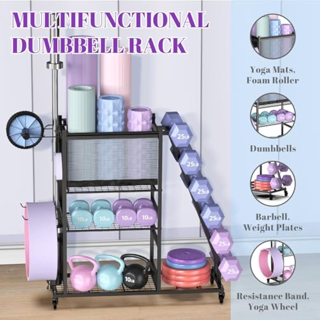 Mythinglogic Dumbbell Rack - Steel Weight Stand with Wheels & Hooks