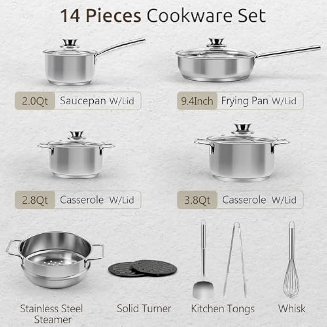 HUIKAILI 14-Piece Stainless Steel Cookware Set | Induction & Oven Safe