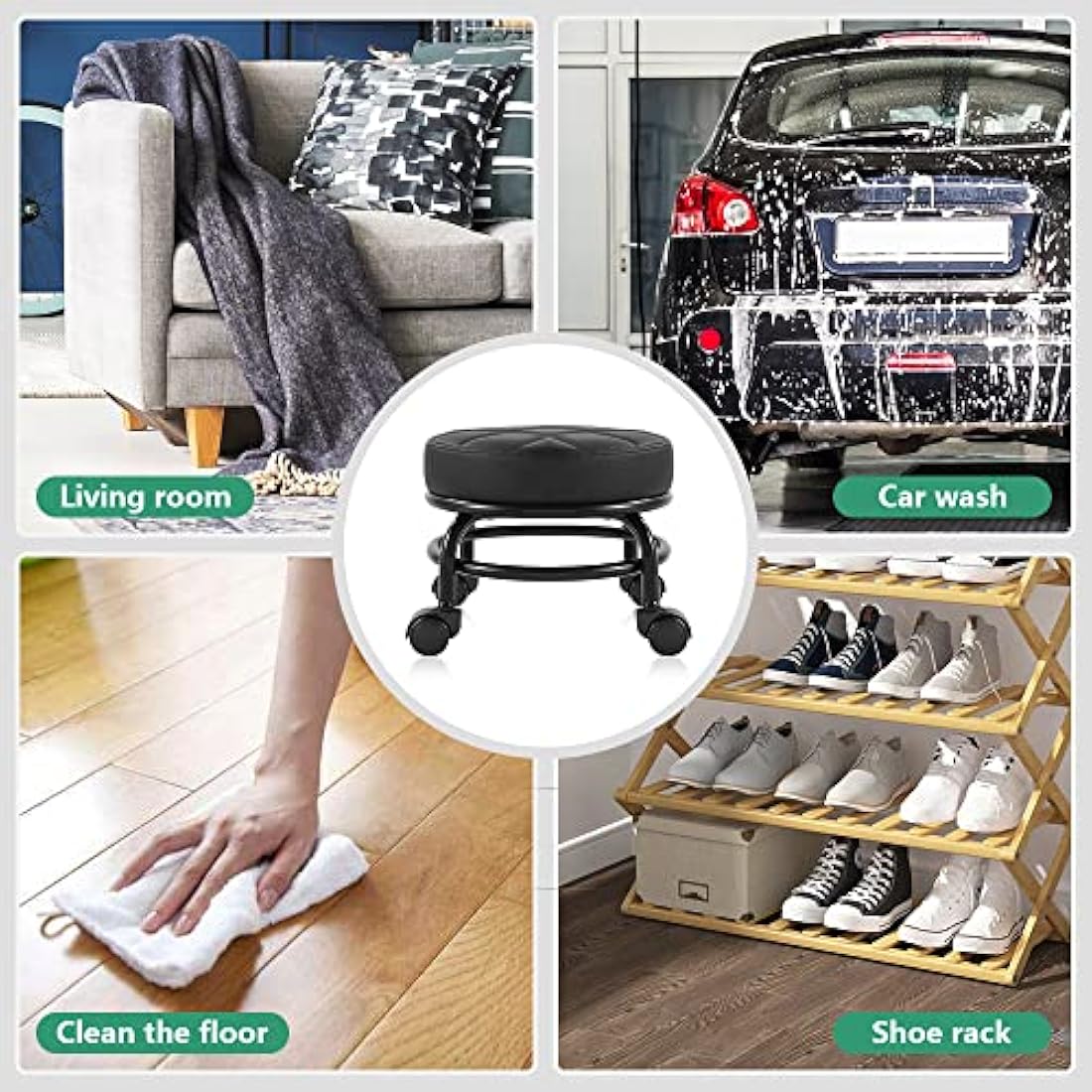 FURWOO Low Rolling Stool - PU Leather Round Swivel Seat with Wheels