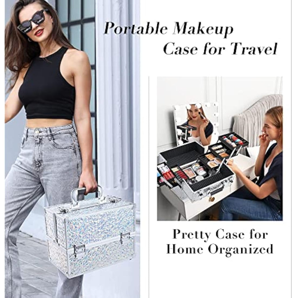 Frenessa 6-Tray Makeup Train Case | Silver Aluminum Cosmetic Storage Box