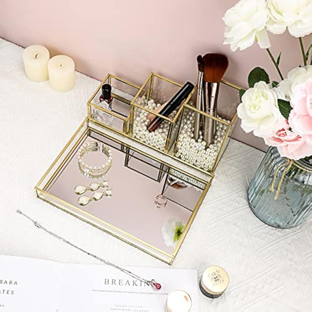 Jolof Store Gold Glass Makeup Organizer – Stackable Brush Holder & Tray
