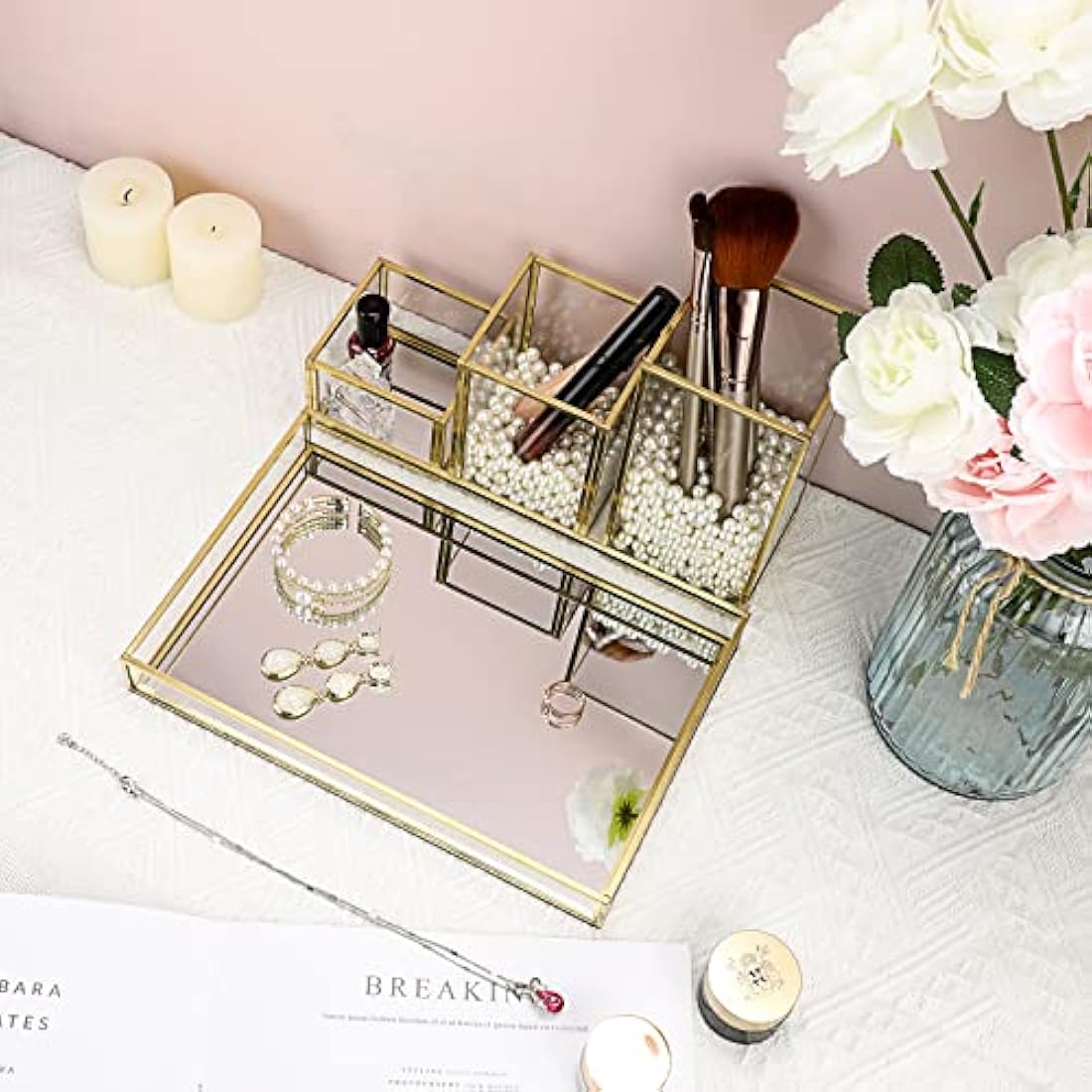 Jolof Store Gold Glass Makeup Organizer – Stackable Brush Holder & Tray