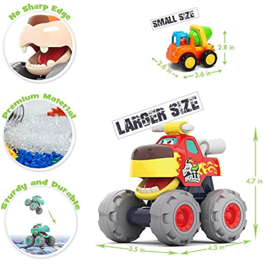 MOONTOY Monster Truck Toy Set - 3-Piece Friction Pull Back Cars for Toddlers