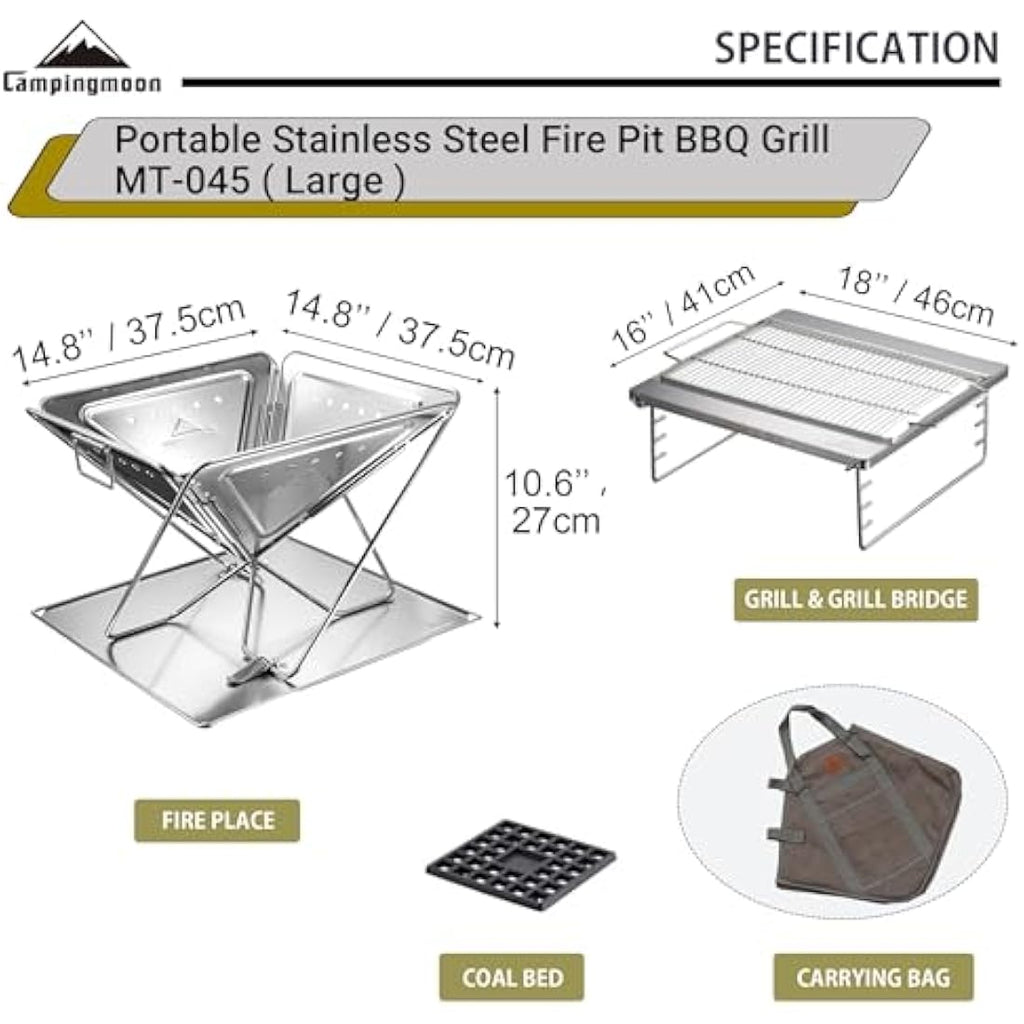 Campingmoon 3-in-1 Portable Stainless Steel Wood Burning Grill & Fire Pit