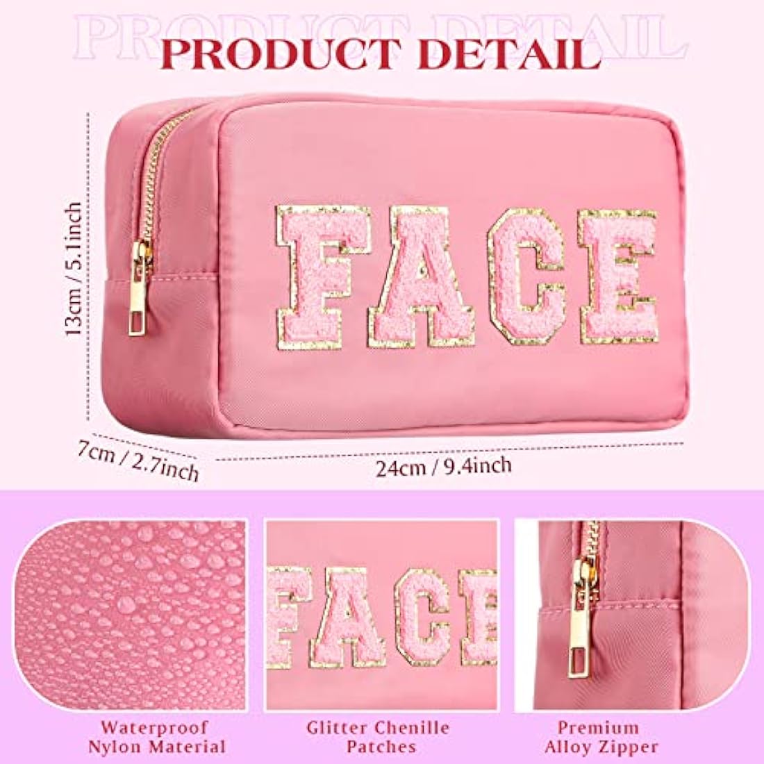 Jolof Store 4-Piece Preppy Nylon Makeup Bag Set with Chenille Patches