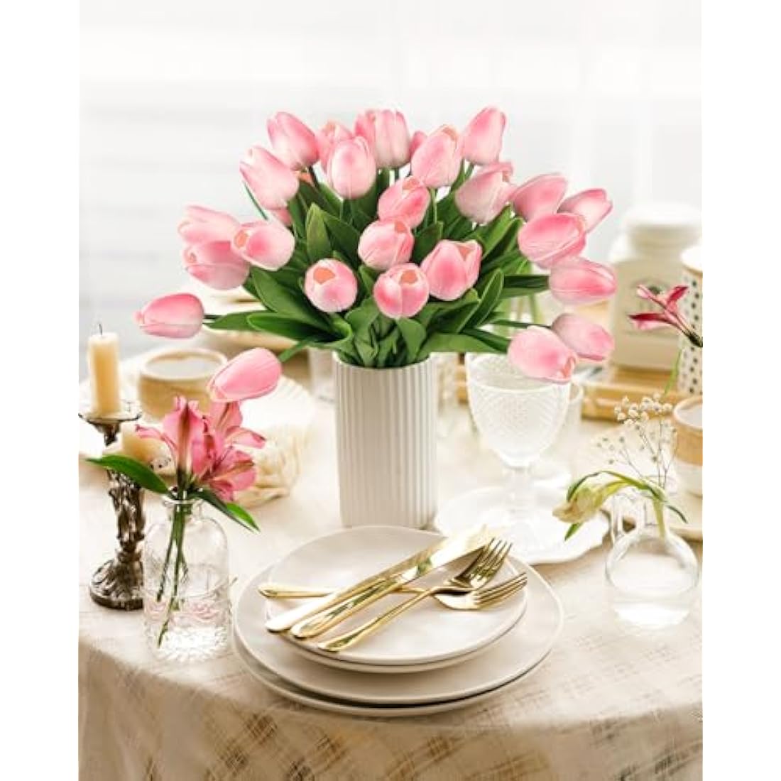 N&T NIETING Real Touch Artificial Tulips – 12Pcs Latex Flowers, Light Pink