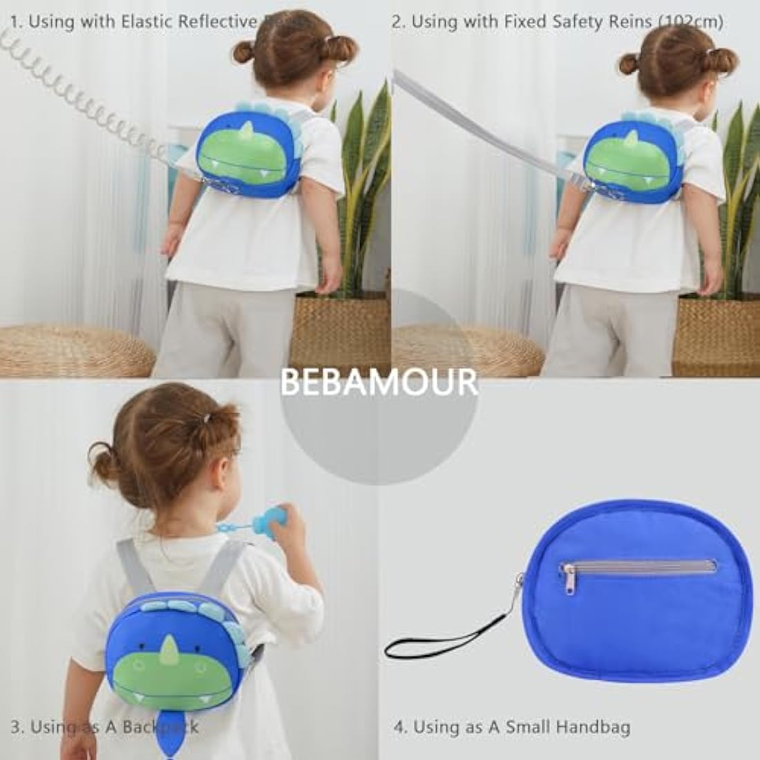 Bebamour Toddler Backpack with Safety Leash – Blue Dino Harness Bag