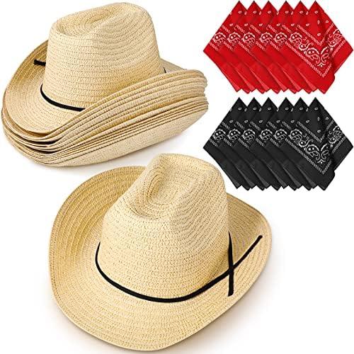 Jolof Store Straw Cowboy Hats and Bandanas Set - 12 Pack Beige Western Style
