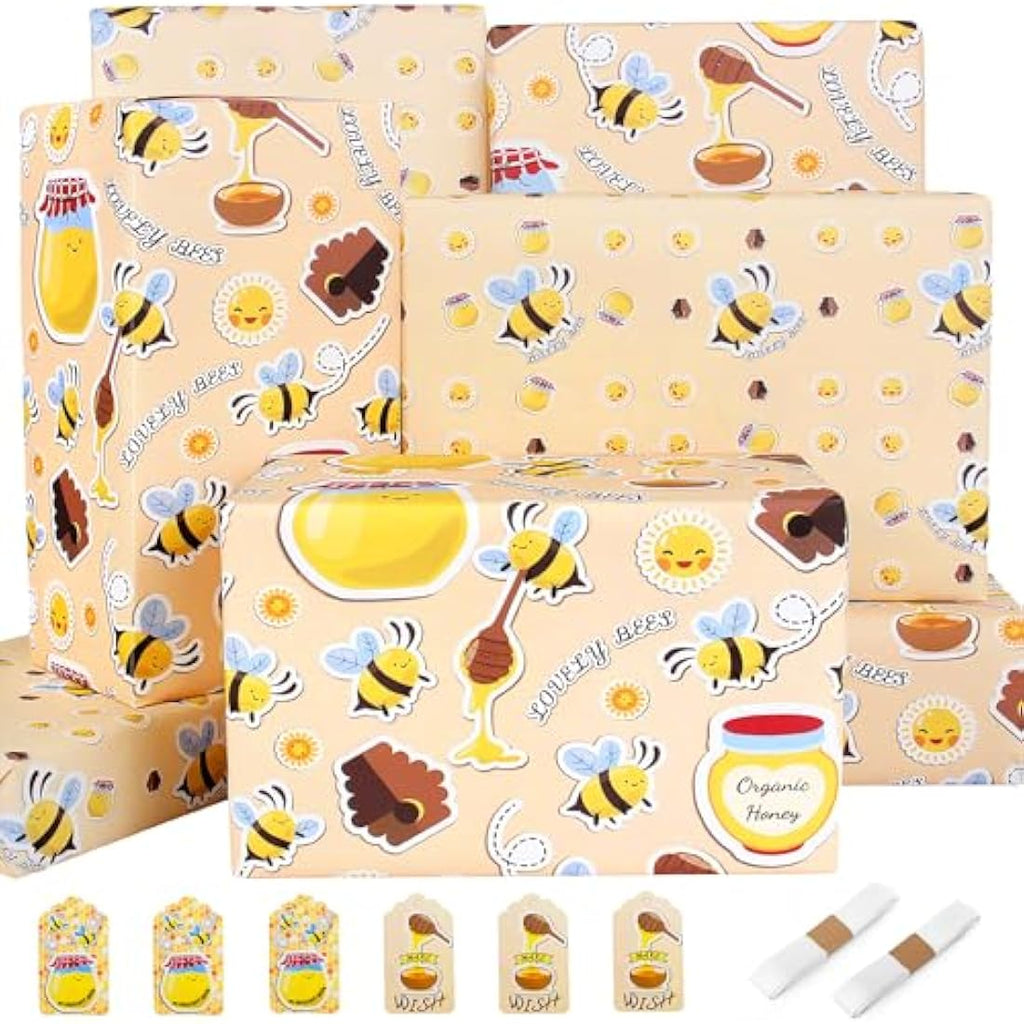 Bee Birthday Wrapping Paper - 4 Recycled Sheets with Tags