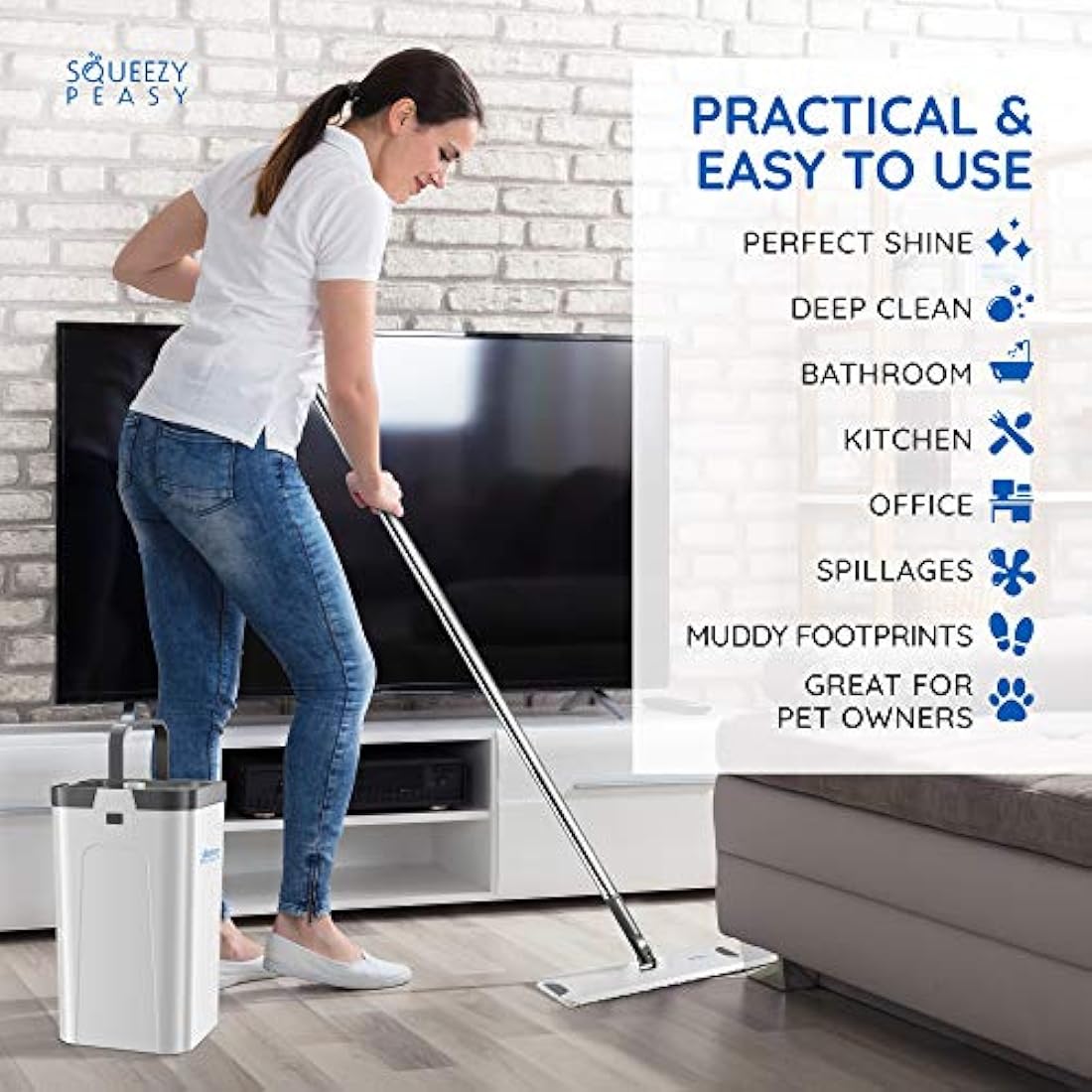 SqueezyPeasy Flat Mop and Bucket Set | 3 Chamber System with 5 Mop Pads