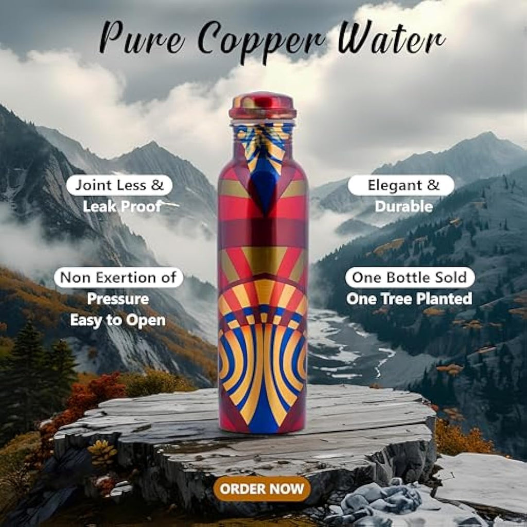 Craft Trade Printed Pure Copper Water Bottle - 1 Litre Leak Proof