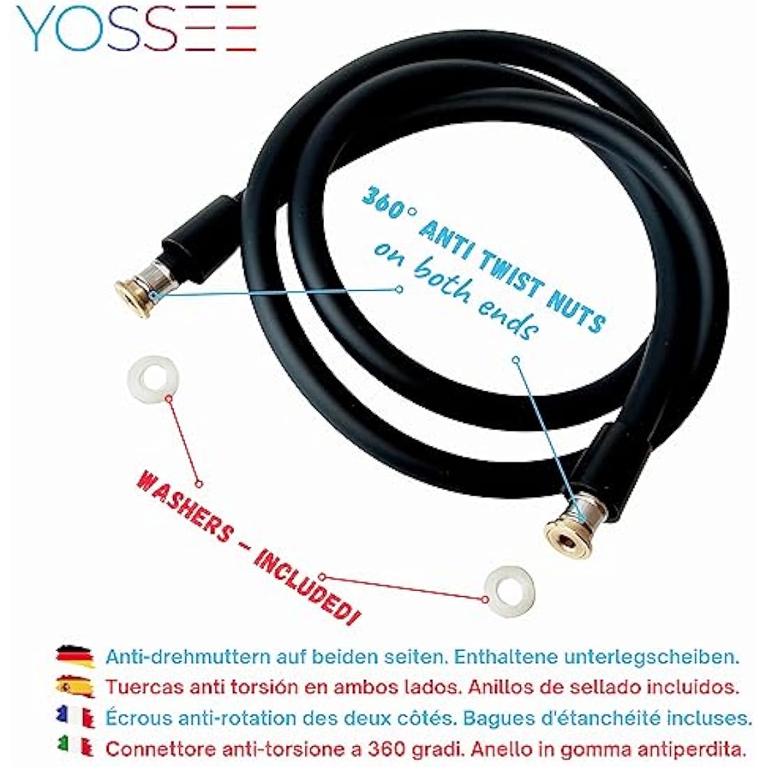 YOSSEE 1.5M PVC Shower Hose | Matt Black Anti-Twist Flexible Replacement