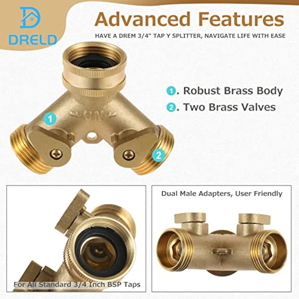 DRELD 3/4" Brass Garden Hose Splitter | 2-Way Tap Manifold Connector