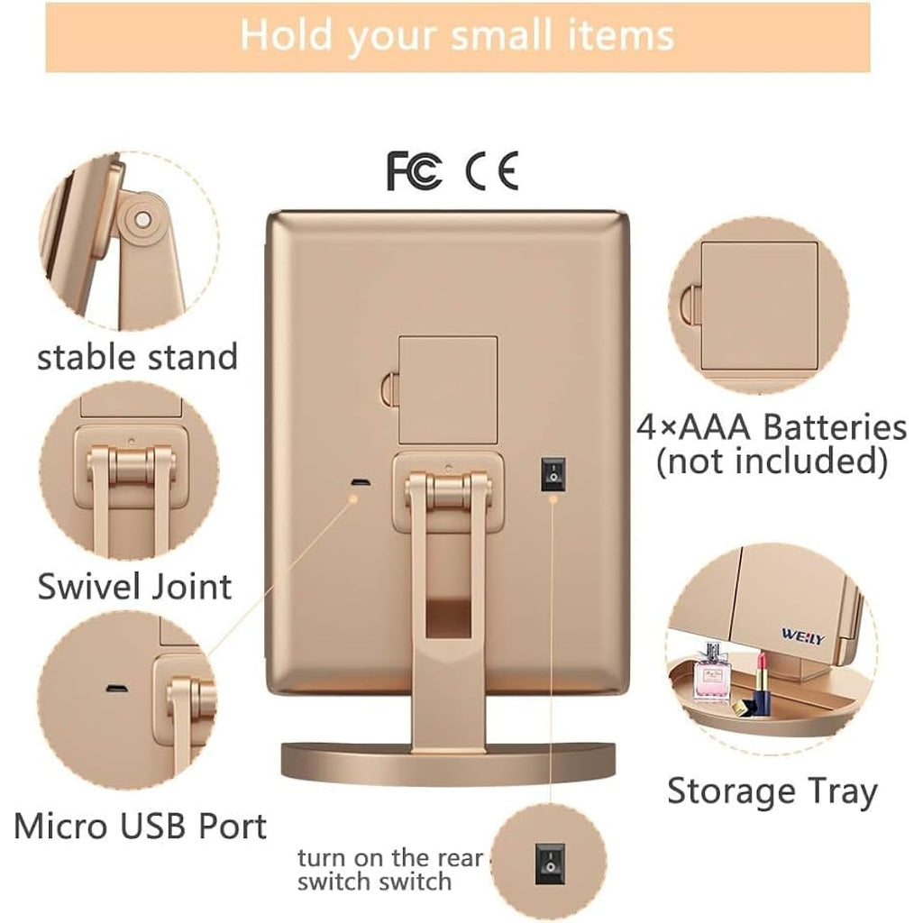 WEILY Tri-Fold LED Makeup Mirror | 2X/3X Magnifying Vanity Mirror - Gold