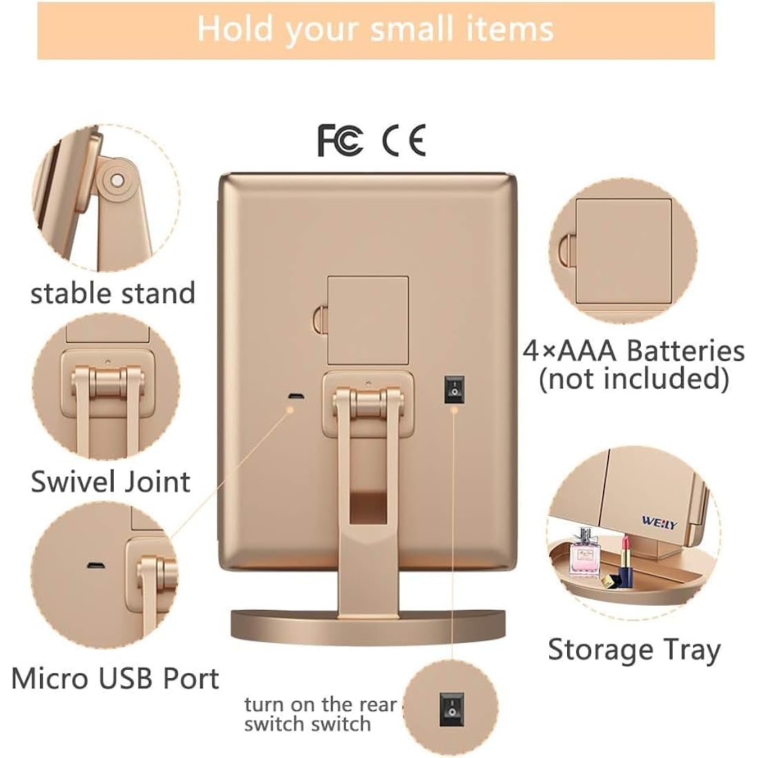 WEILY Tri-Fold LED Makeup Mirror | 2X/3X Magnifying Vanity Mirror - Gold