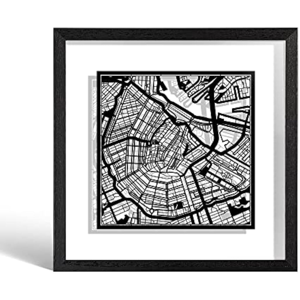 O3 Design Studio Amsterdam Paper Map Art - Black Frame, 9x9 Inches