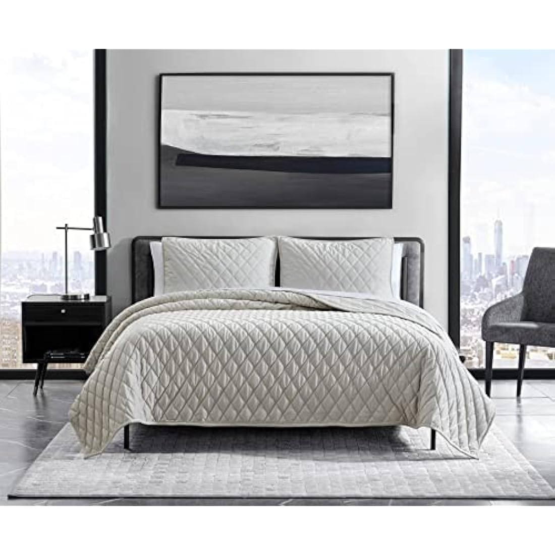 Vera Wang Velvet Quilt Set – Luxury Diamond Stitch Bedding, Ivory, Queen