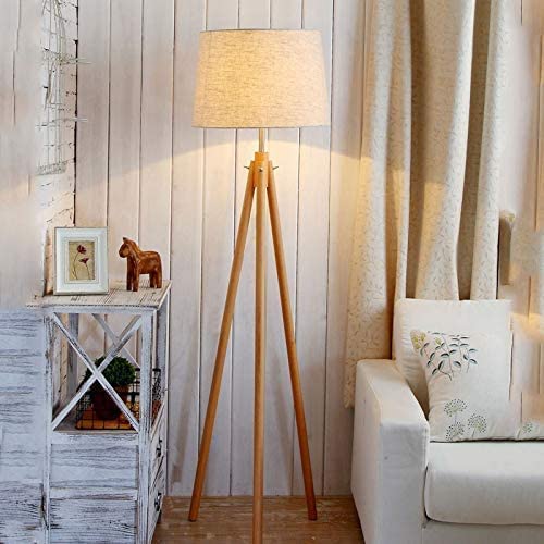 DINGLILIGHTING Wooden Tripod LED Floor Lamp | 3000K Warm White Reading Light