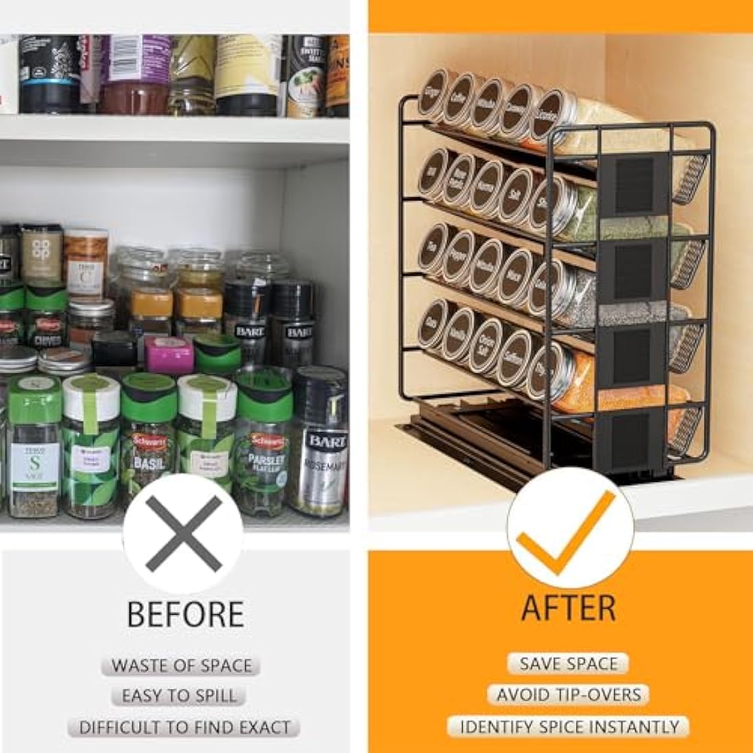 4-Tier Pull Out Spice Rack Organiser | Left Facing Carbon Steel