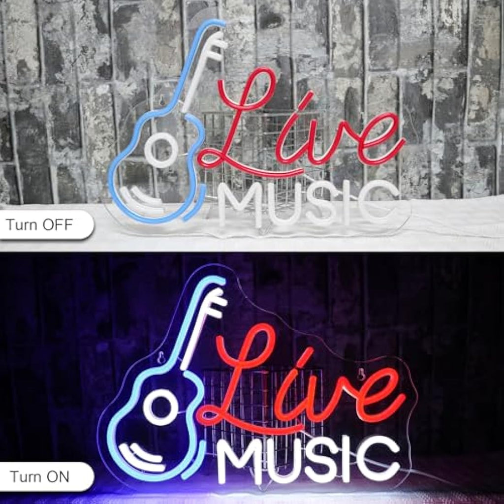Live Music Guitar Neon Sign - Dimmable LED Wall Decor