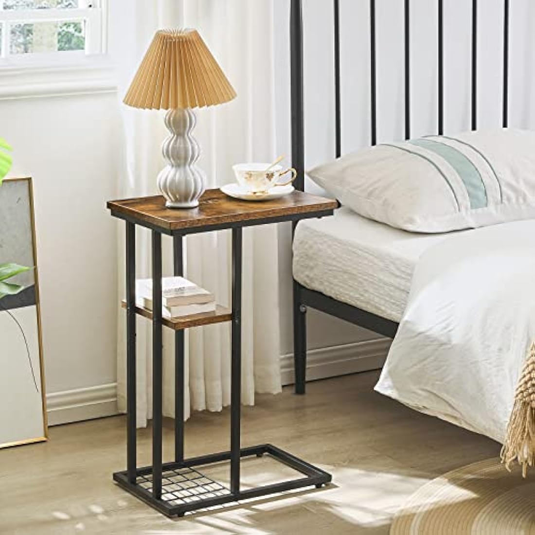 YMYNY C-Shaped End Table – Industrial Side Table for Small Spaces, Brown