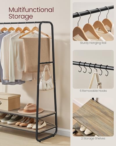 VASAGLE Industrial Clothes Rail | Steel Rack with 2 Shelves & 6 Hooks