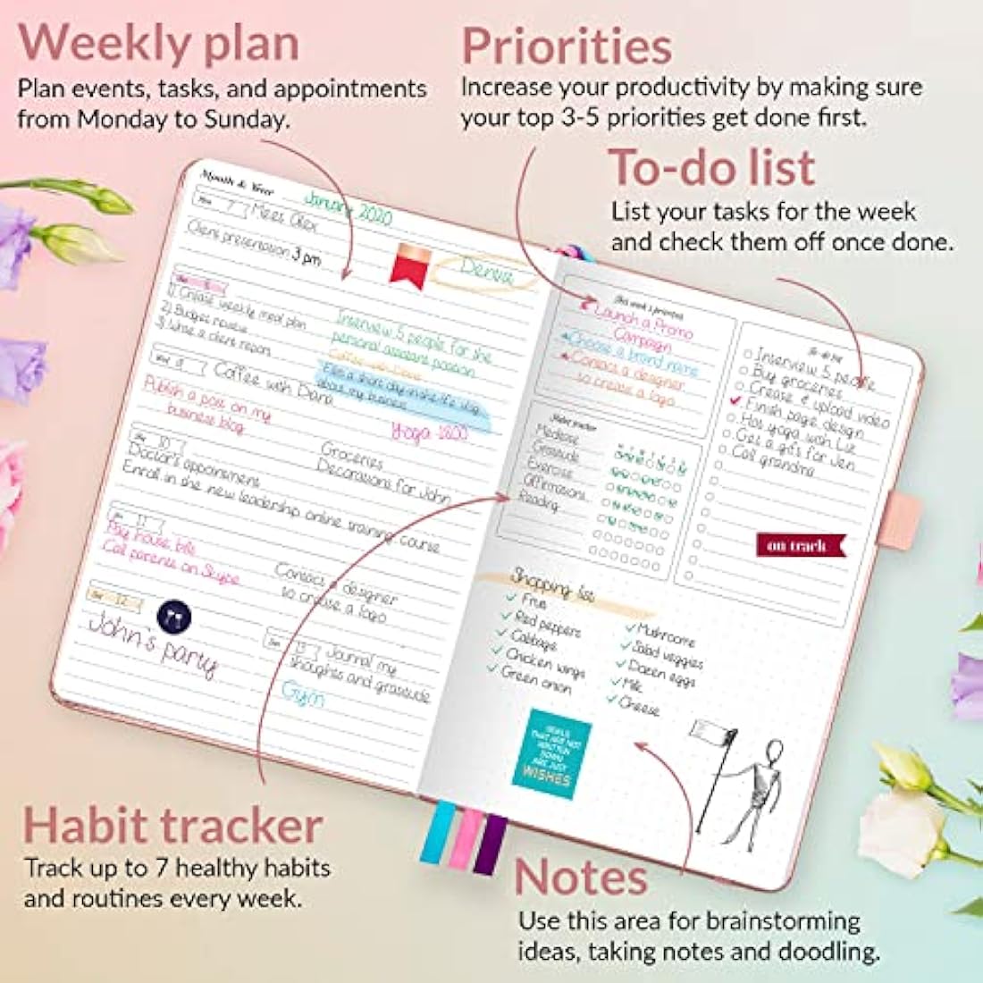 GoGirl Undated Weekly Planner – A5 Eco-Leather Goal Journal, Rose Gold