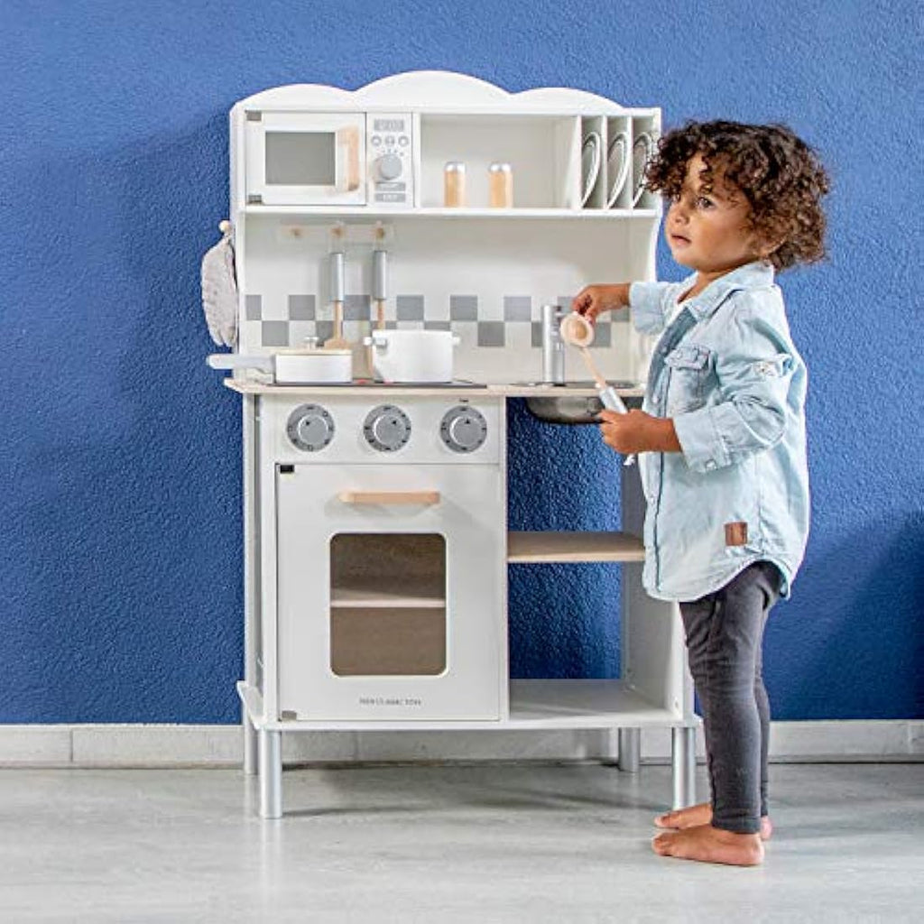 New Classic Toys Wooden Pretend Play Kitchen with Sound - White