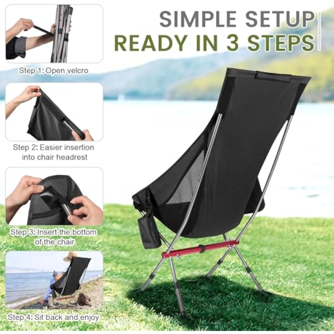 High Back Camping Chair – Adjustable Lightweight Foldable Black