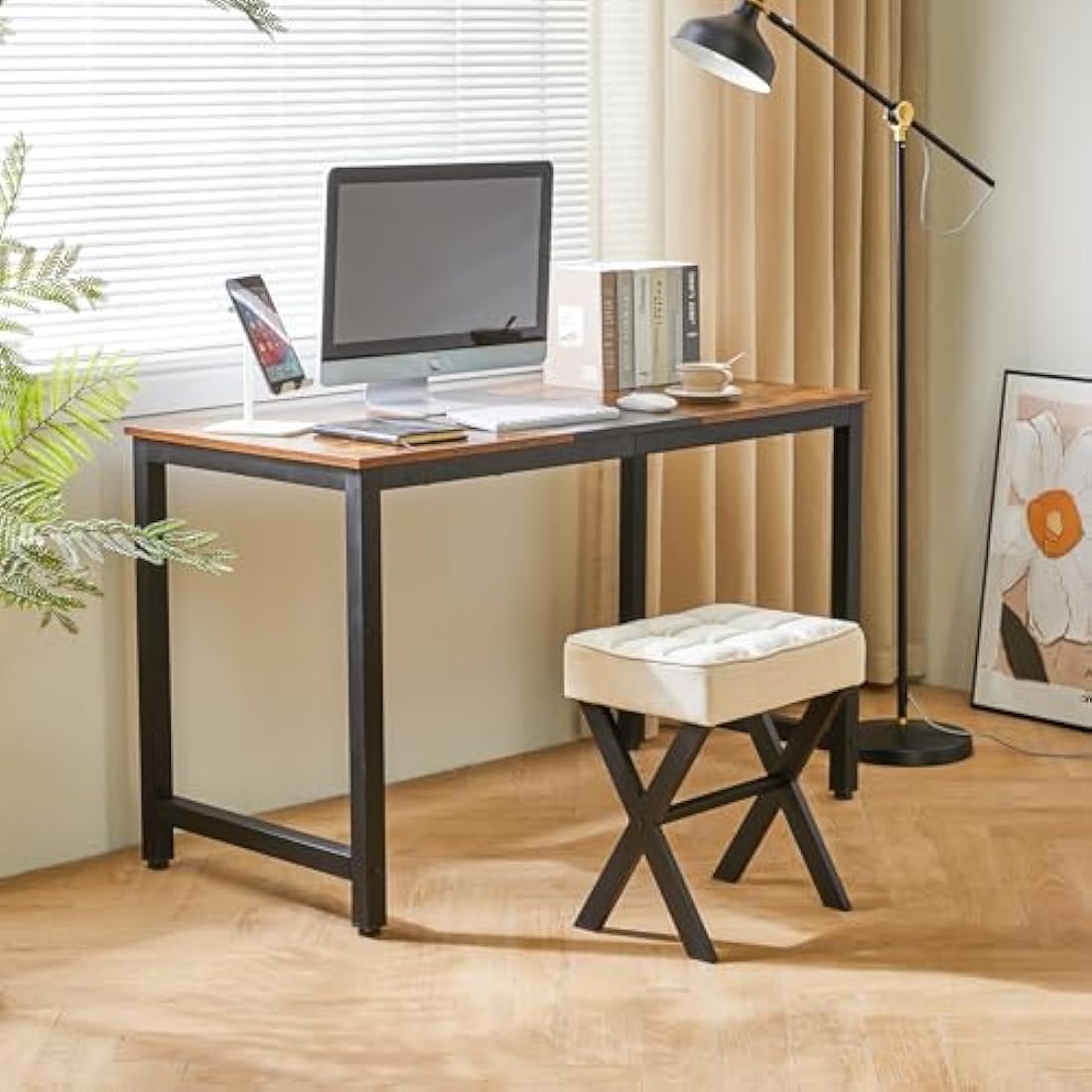 IBUYKE Square Vanity Stool – Linen Ottoman Footrest with Metal X-Legs
