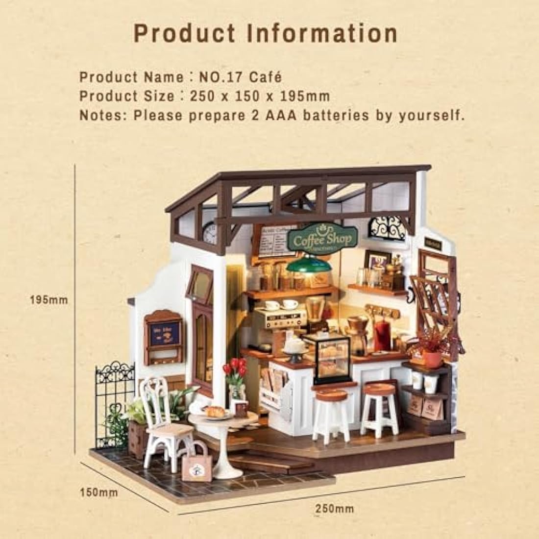 ROWOOD DIY Miniature Coffee House Kit – Wooden Dollhouse Model with Lights
