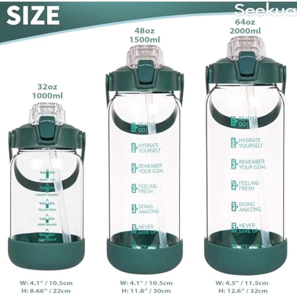 Seekua 2L Glass Water Bottle with Straw | Motivational Time Markings