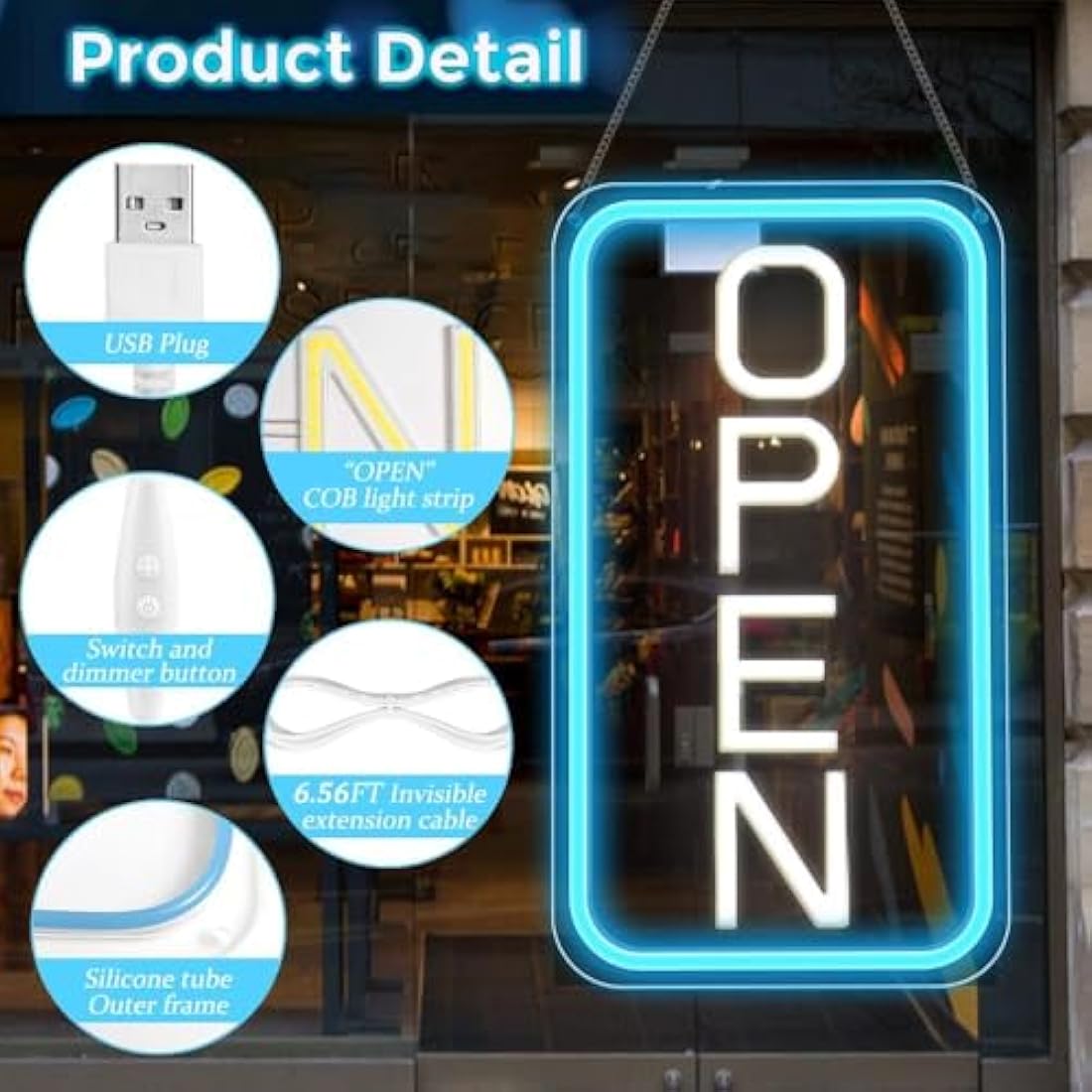 Jolof Store LED Neon Open Sign – 16x9 Dimmable USB Business Sign, Blue/White