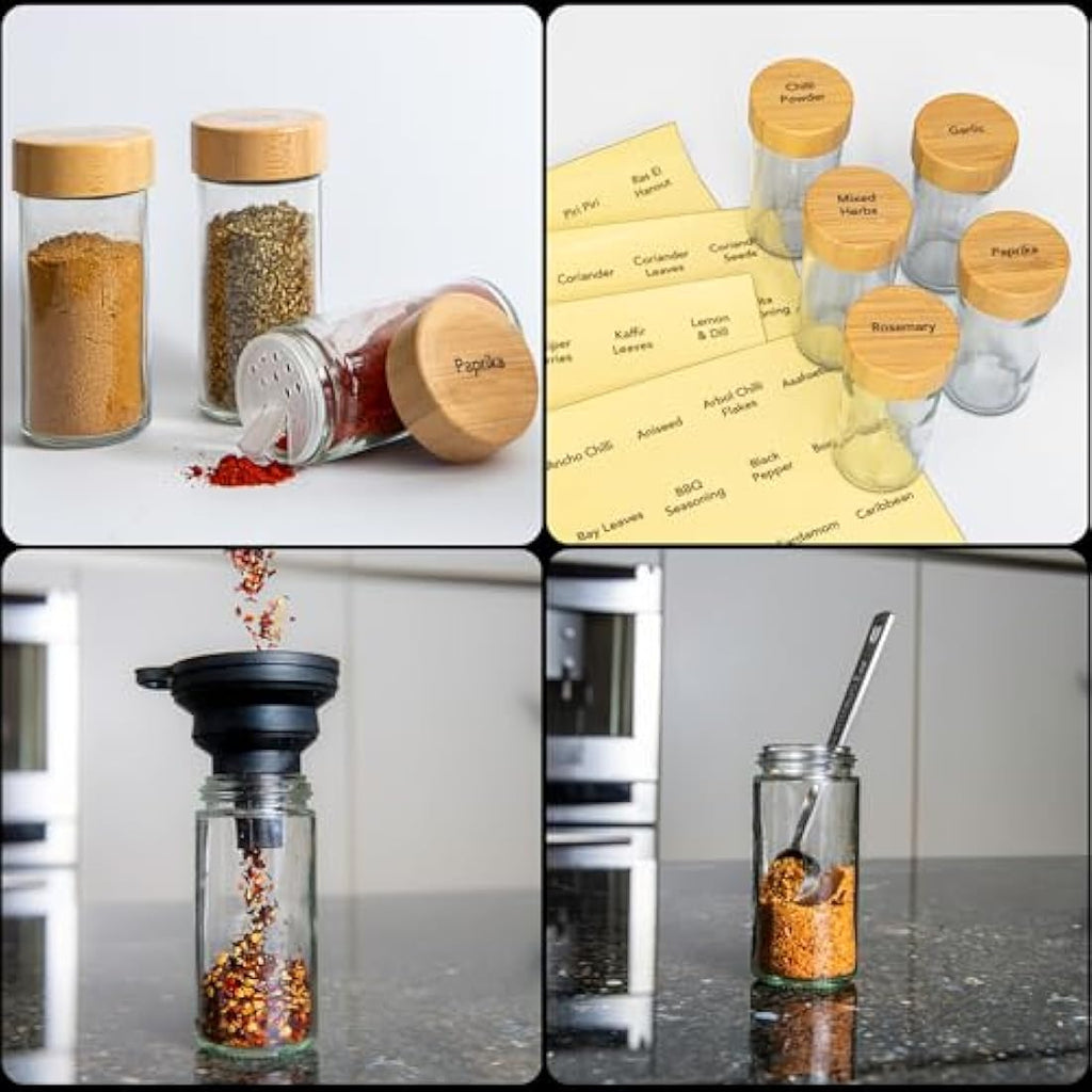 Rotating Spice Rack – 16 Glass Jars with Bamboo Lids